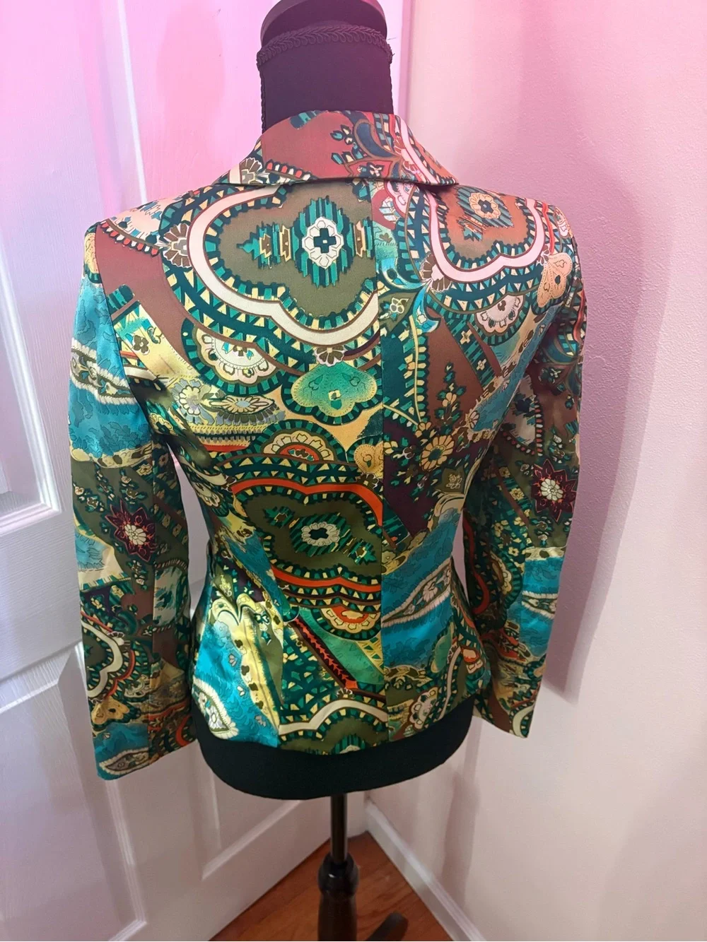 Kay Unger Silk Teal & Green Paisley Blazer - Picture 2 of 4